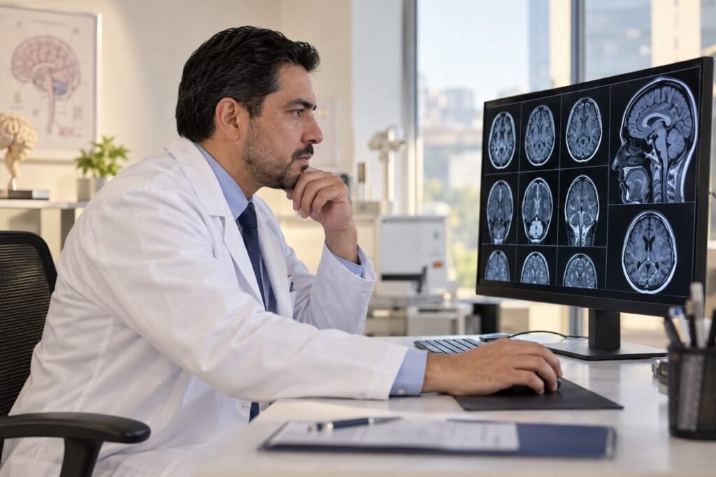 Neurólogo en Puebla analizando una tomografía cerebral en un monitor