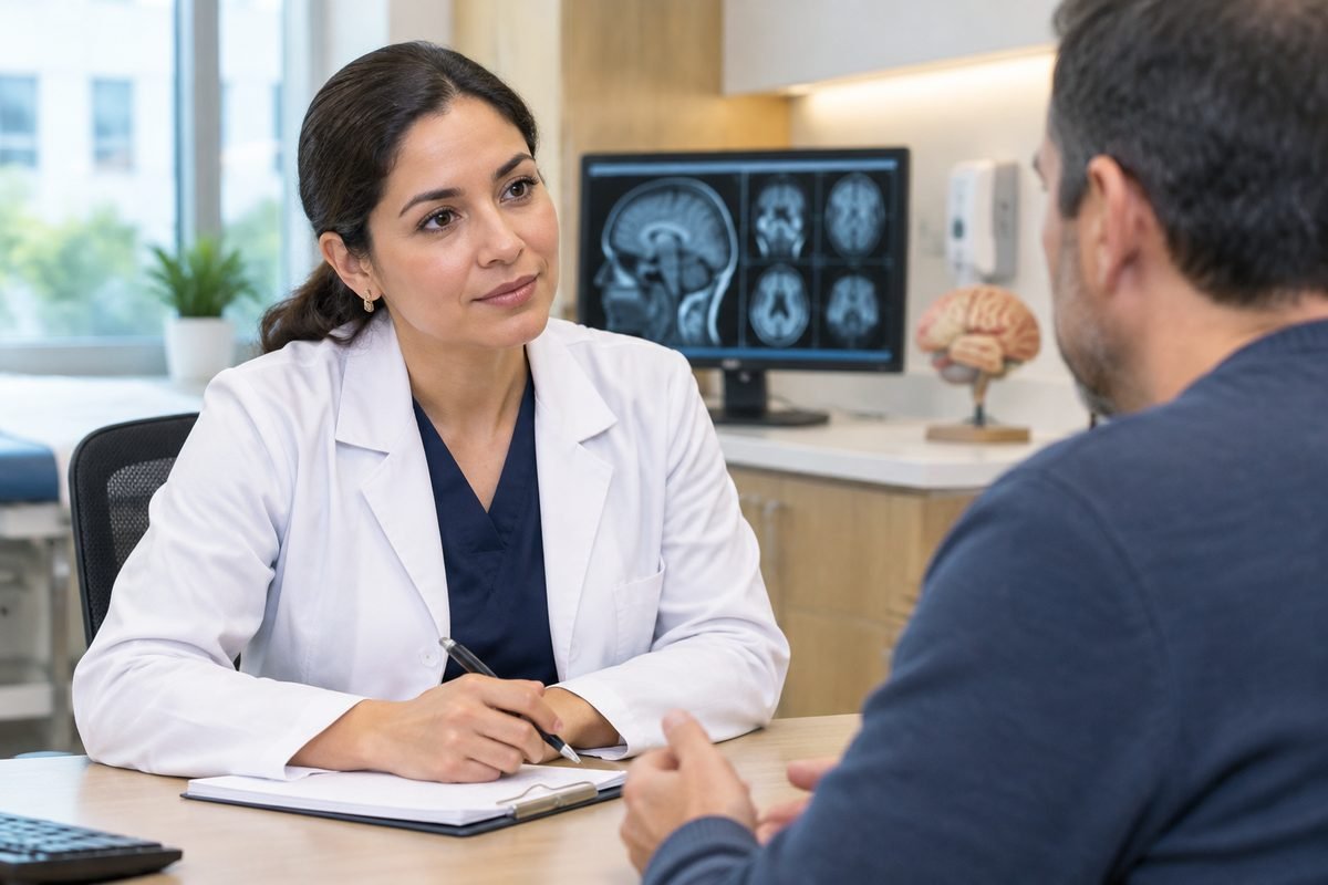 Doctora atendiendo a un paciente en una consulta de neurología