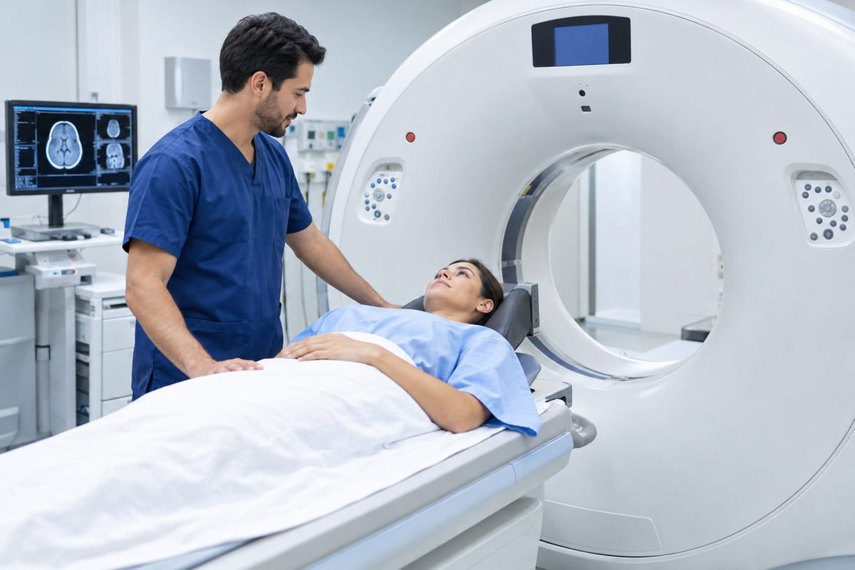 Técnico preparando a un paciente para una tomografía en el área de imagenología